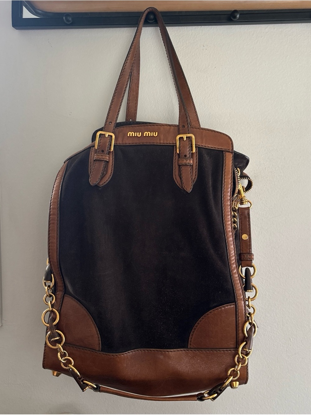 Miu Miu Dark Brown Suede and Chestnut Leather Tote with Gold Hardware